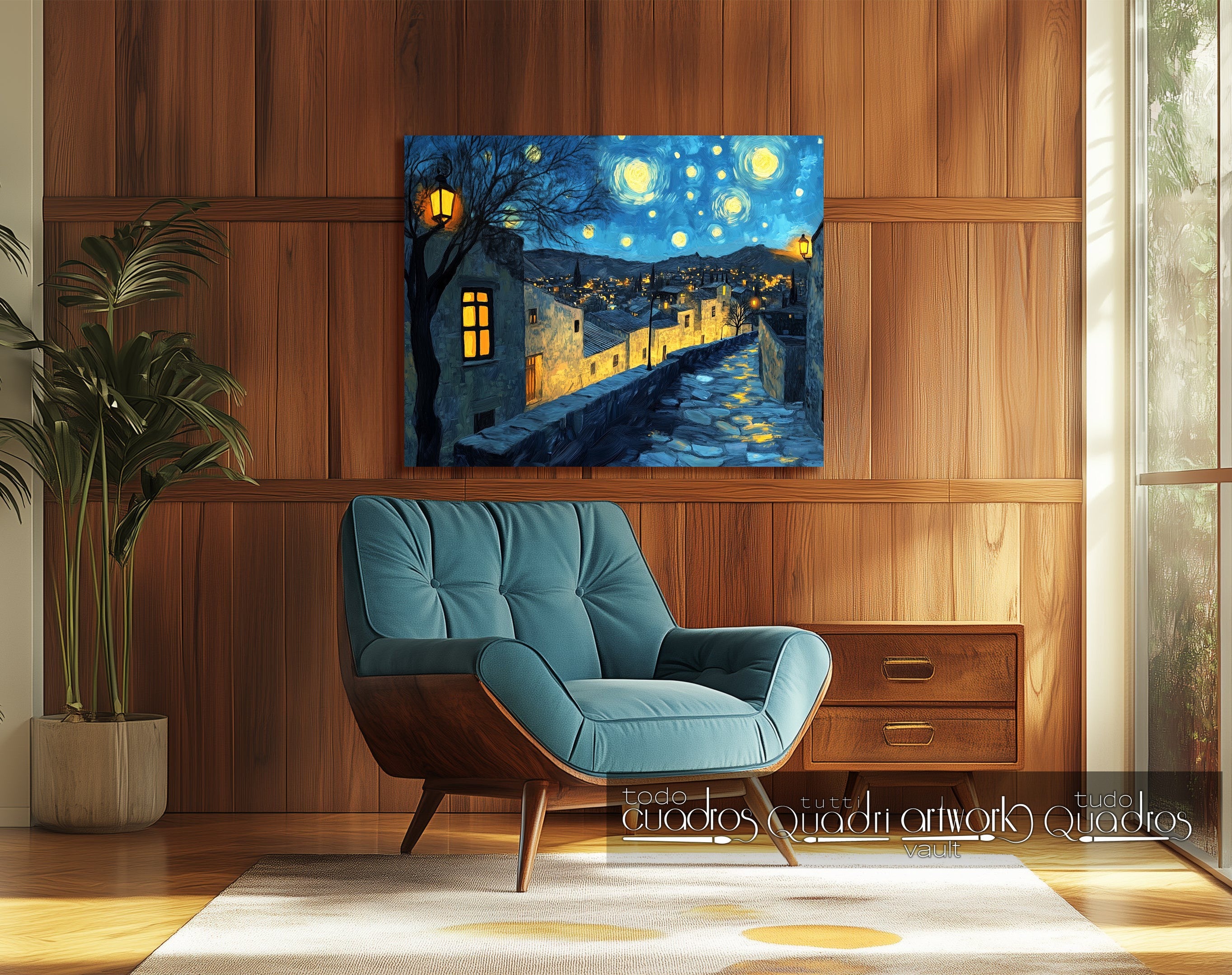 Calles de luz y estrellas, estilo Van Gogh moderno